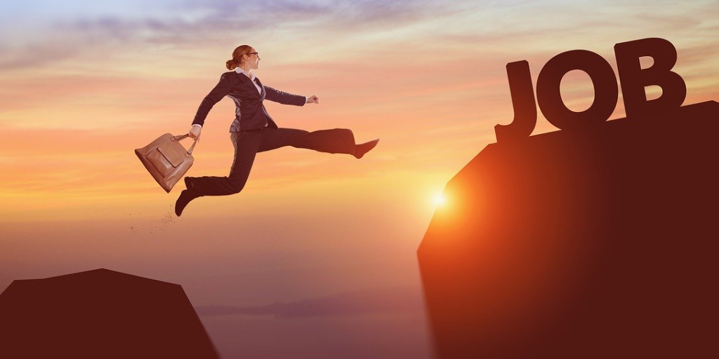 Image of lady jumping between mountains to job